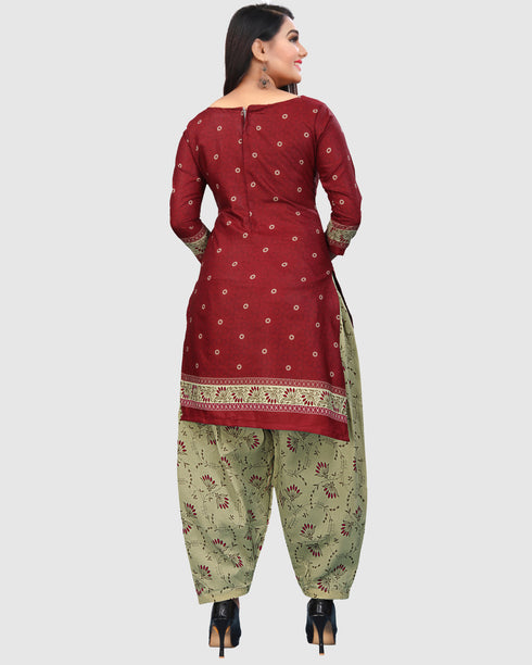 Red Cotton Blend Printed Unstitched Salwar Suit Material