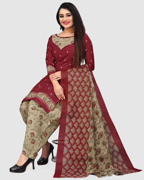 Red Cotton Blend Printed Unstitched Salwar Suit Material
