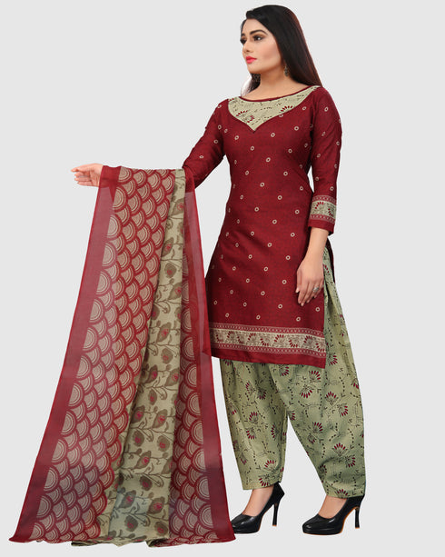 Red Cotton Blend Printed Unstitched Salwar Suit Material