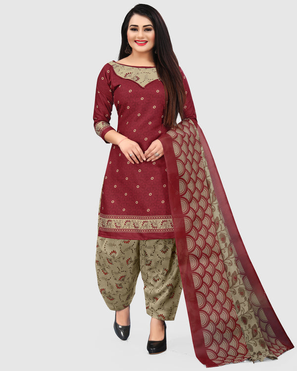 Red Cotton Blend Printed Unstitched Salwar Suit Material