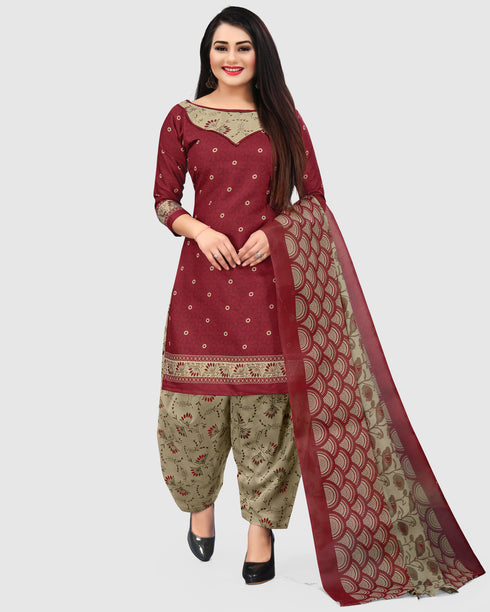 Red Cotton Blend Printed Unstitched Salwar Suit Material