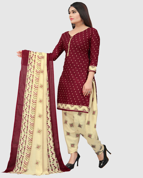 Maroon Cotton Blend Printed Unstitched Salwar Suit Material