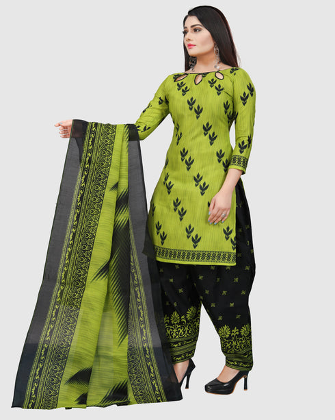 Parrot Green Cotton Blend Printed Unstitched Salwar Suit Material