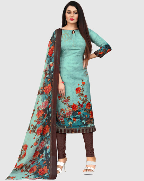 Pista Green Cotton Blend Printed Unstitched Salwar Suit Material