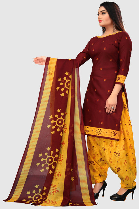 Maroon Cotton Blend Printed Unstitched Salwar Suit Material