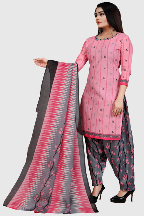 Baby Pink Cotton Blend Printed Unstitched Salwar Suit Material