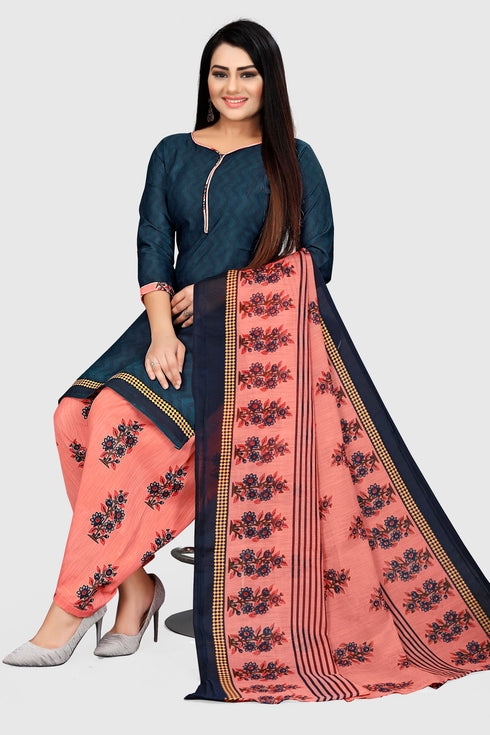 Navy Blue Cotton Blend Printed Unstitched Salwar Suit Material
