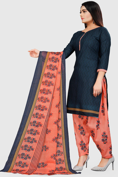 Navy Blue Cotton Blend Printed Unstitched Salwar Suit Material