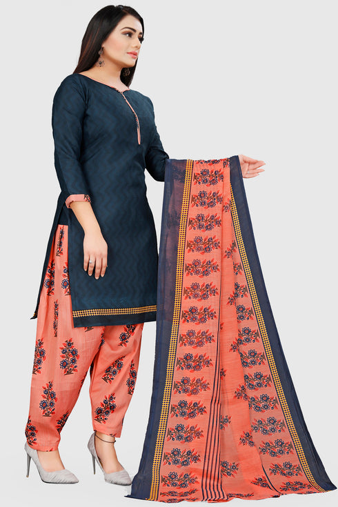 Navy Blue Cotton Blend Printed Unstitched Salwar Suit Material