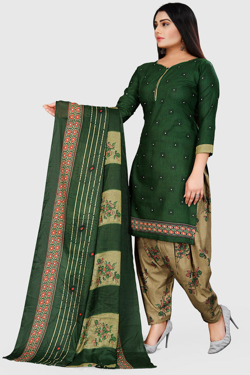 Green Cotton Blend Printed Unstitched Salwar Suit Material