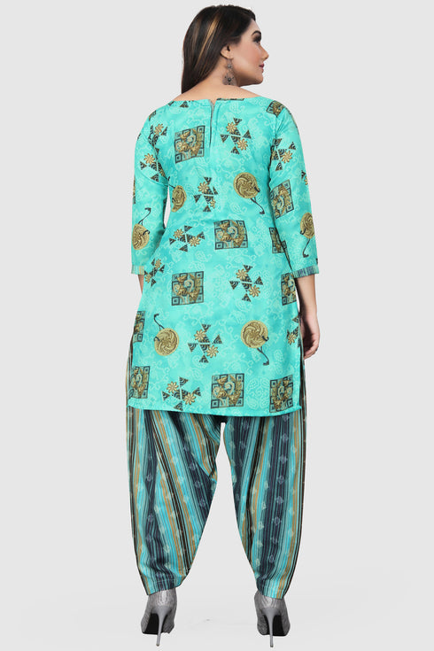 Turquoise Blue Cotton Blend Printed Unstitched Salwar Suit Material