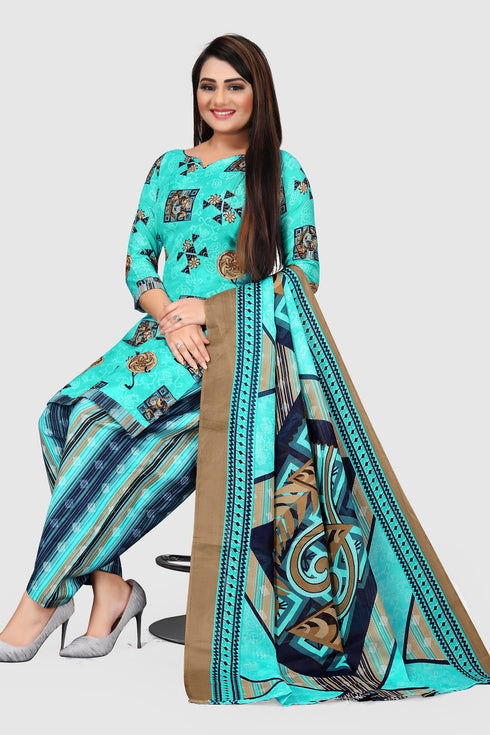 Turquoise Blue Cotton Blend Printed Unstitched Salwar Suit Material