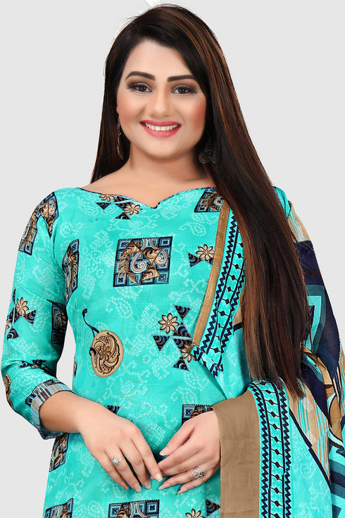 Turquoise Blue Cotton Blend Printed Unstitched Salwar Suit Material