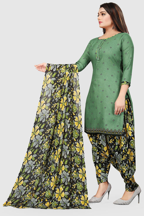Green Cotton Blend Printed Unstitched Salwar Suit Material