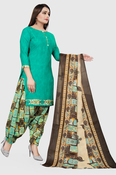 Turquoise Blue Cotton Blend Printed Unstitched Salwar Suit Material