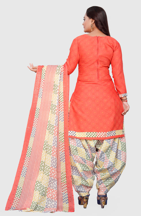 Peach Cotton Blend Printed Unstitched Salwar Suit Material