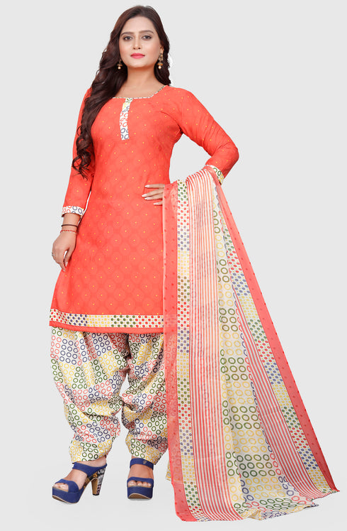 Peach Cotton Blend Printed Unstitched Salwar Suit Material