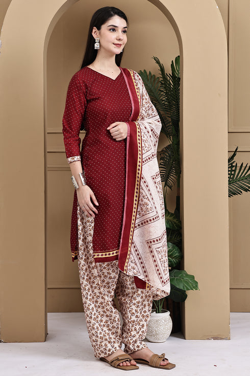 Maroon Cotton Blend Printed Readymade Patiala Salwar Suit