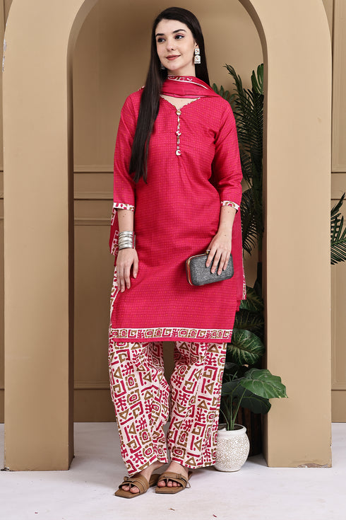 Pink Cotton Blend Printed Readymade Patiala Salwar Suit