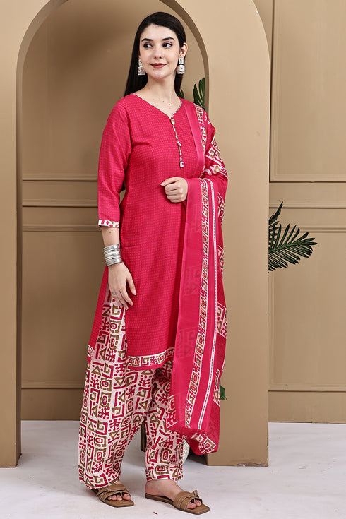 Pink Cotton Blend Printed Readymade Patiala Salwar Suit