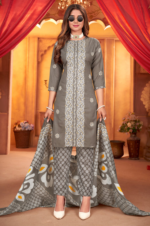 Grey & White Cotton Blend Embroidered Unstitched Salwar Suit Material