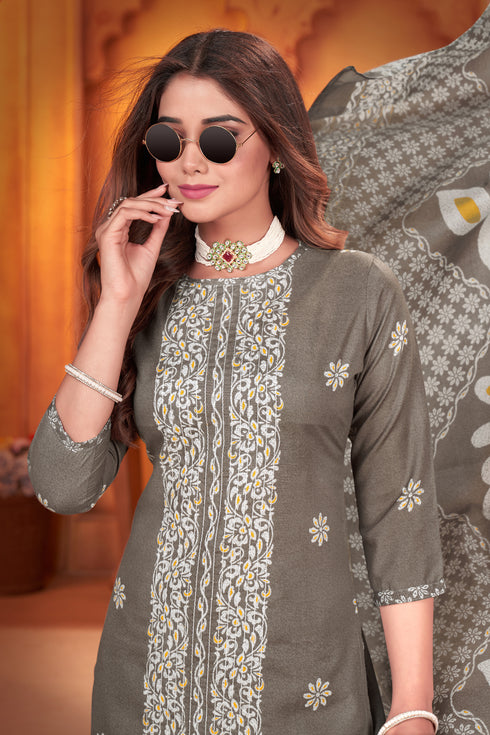 Grey & White Cotton Blend Embroidered Unstitched Salwar Suit Material