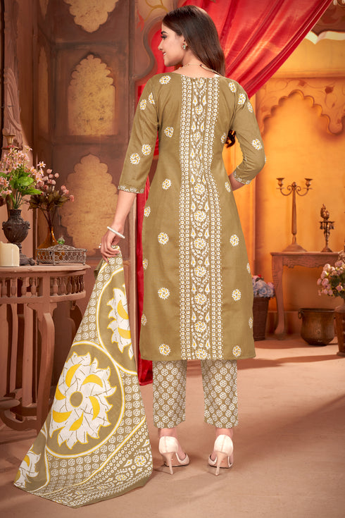Beige & White Cotton Blend Embroidered Unstitched Salwar Suit Material