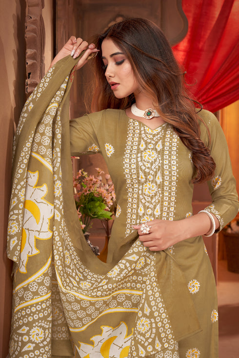 Beige & White Cotton Blend Embroidered Unstitched Salwar Suit Material