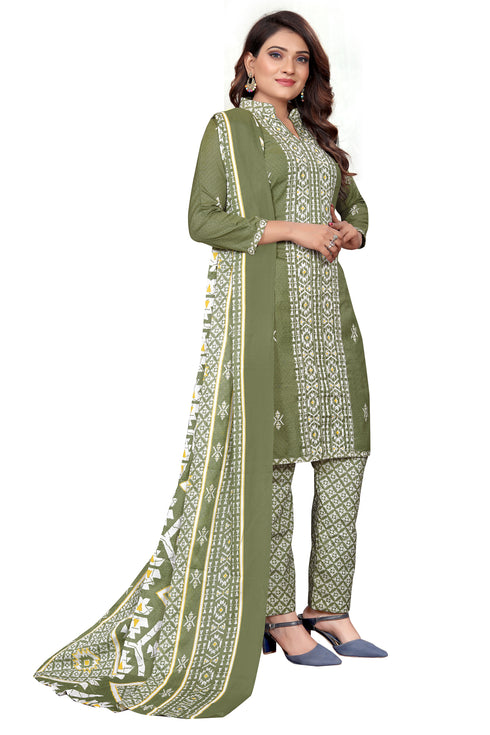 Green & White Cotton Blend Embroidered Unstitched Salwar Suit Material