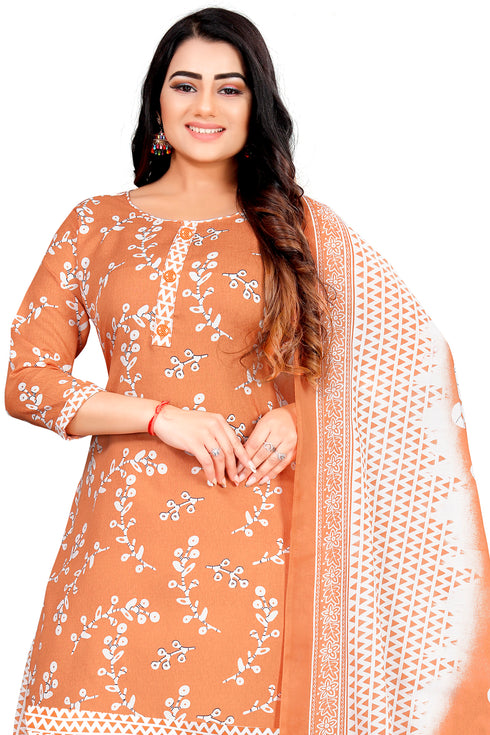Light Orange & White Cotton Blend Printed Unstitched Salwar Suit Material