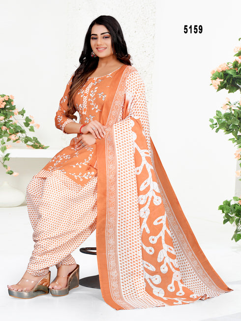 Light Orange & White Cotton Blend Printed Unstitched Salwar Suit Material