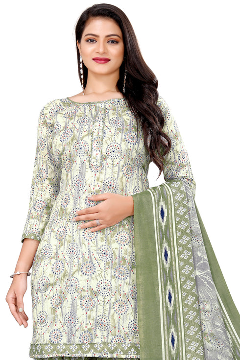 Beige & Grey Cotton Blend Printed Unstitched Salwar Suit Material