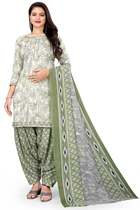 Beige & Grey Cotton Blend Printed Unstitched Salwar Suit Material