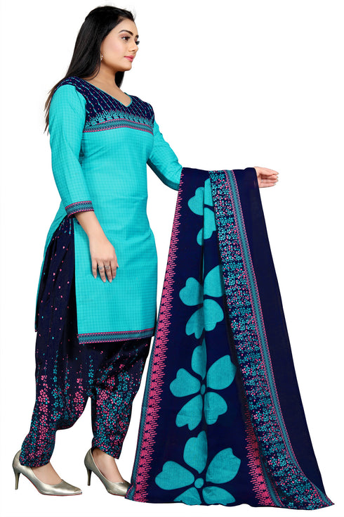 Aqua Cotton Blend Printed Unstitched Salwar Suit Material