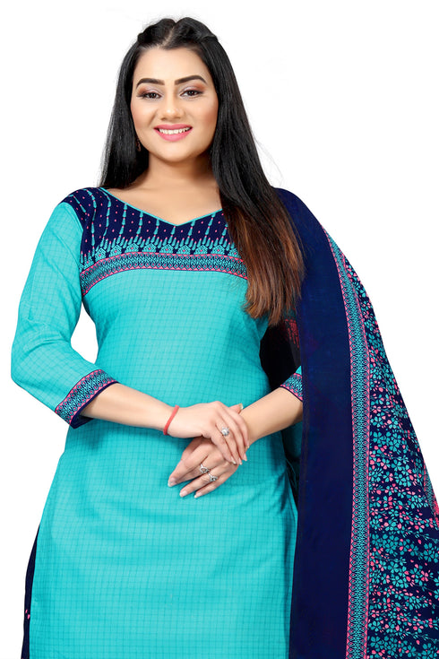 Aqua Cotton Blend Printed Unstitched Salwar Suit Material