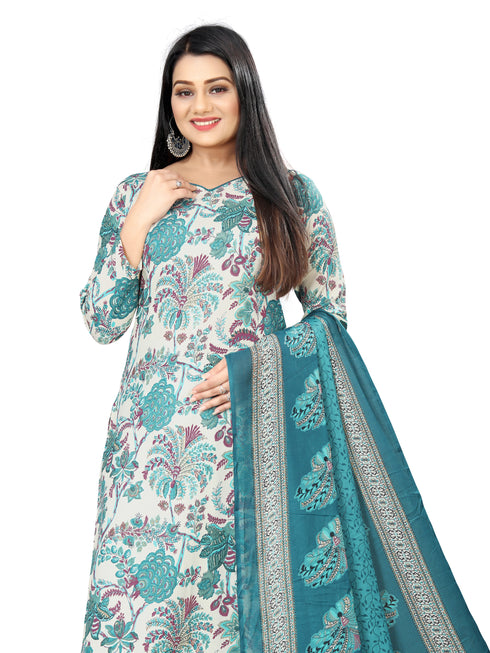 Off White & Teal Cotton Blend Printed Unstitched Salwar Suit Material