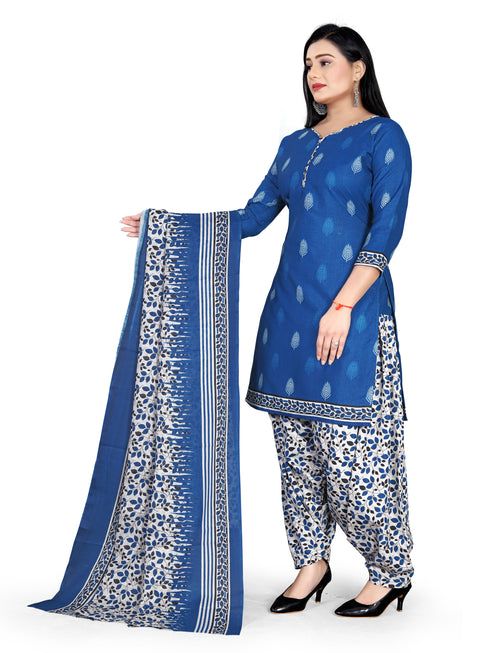 Blue Cotton Blend Printed Unstitched Salwar Suit Material