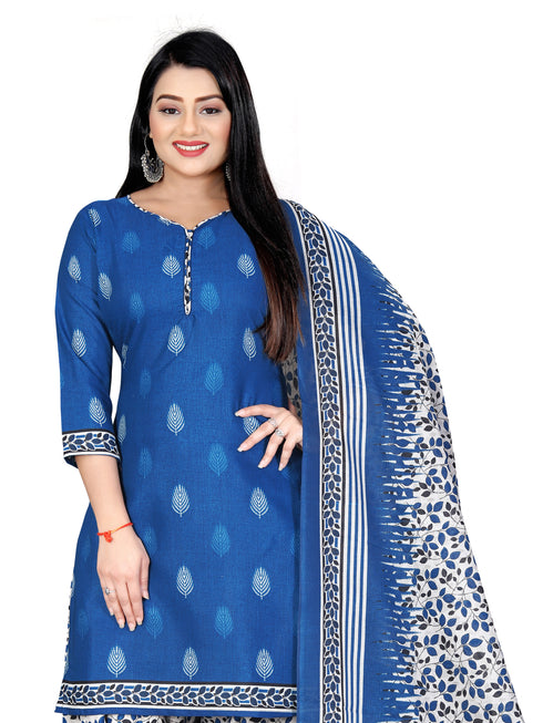 Blue Cotton Blend Printed Unstitched Salwar Suit Material