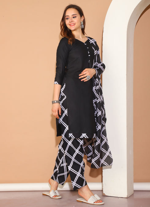 Black Polyester Cotton Printed Salwar Suit with Dupatta
