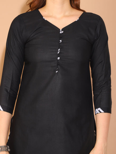 Black Polyester Cotton Printed Salwar Suit with Dupatta