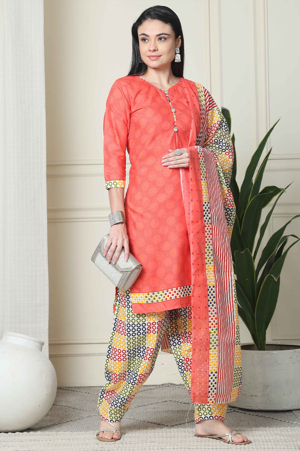 Peach Polyester Cotton Printed Salwar Suit with Dupatta