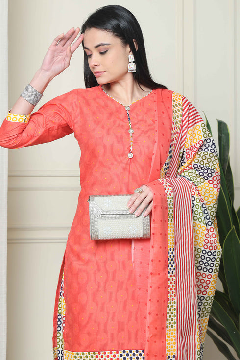 Peach Polyester Cotton Printed Salwar Suit with Dupatta
