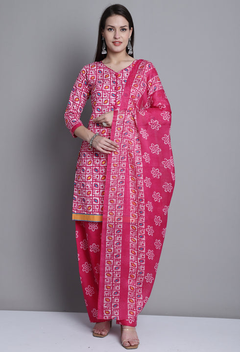 Pink Polyester Cotton Printed Salwar Suit with Dupatta