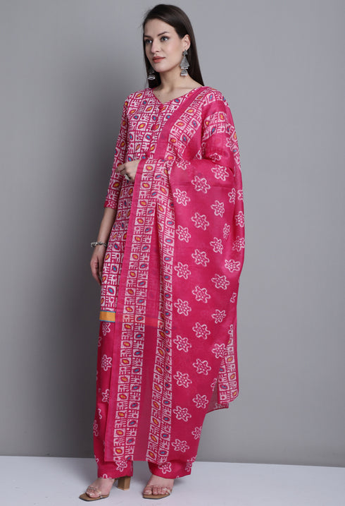 Pink Polyester Cotton Printed Salwar Suit with Dupatta