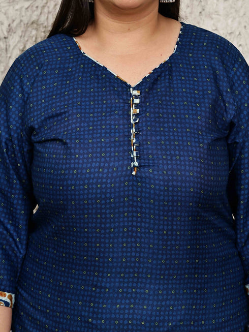 Royal Blue Cotton Blend Printed Plus Size Readymade Patiala Salwar Suit