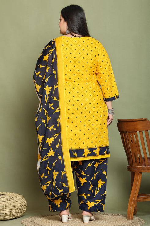 Mustard Cotton Blend Printed Plus Size Ready to Wear Patiala Salwar Suit