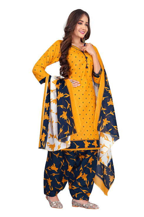 Mustard Cotton Blend Printed Ready to Wear Patiala Salwar Suit