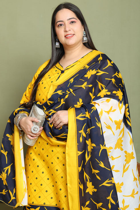 Mustard Cotton Blend Printed Plus Size Ready to Wear Patiala Salwar Suit