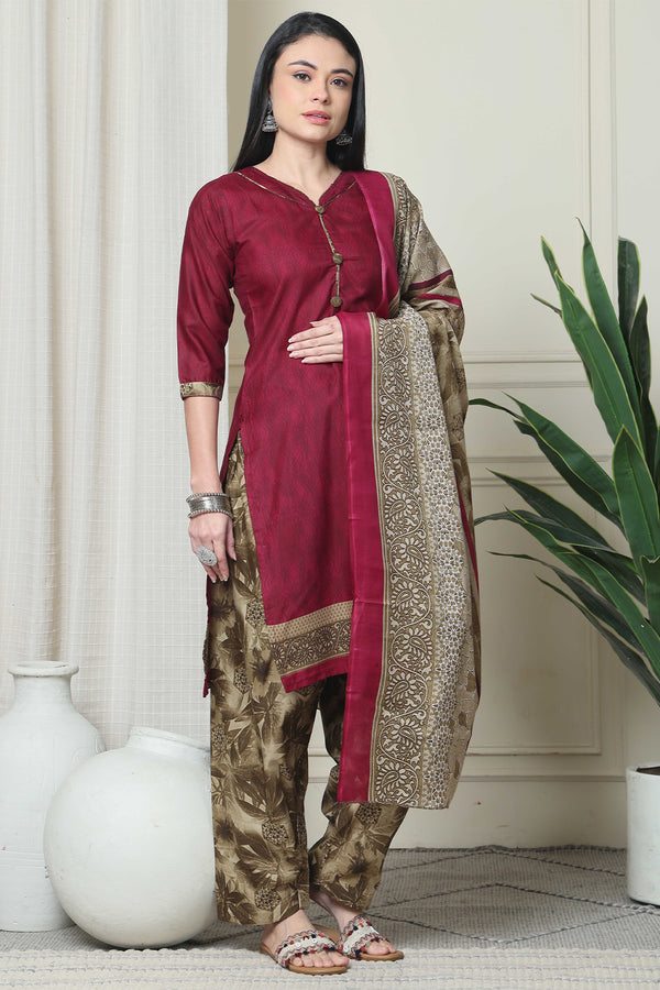 Wine Cotton Blend Printed Readymade Patiala Salwar Suit