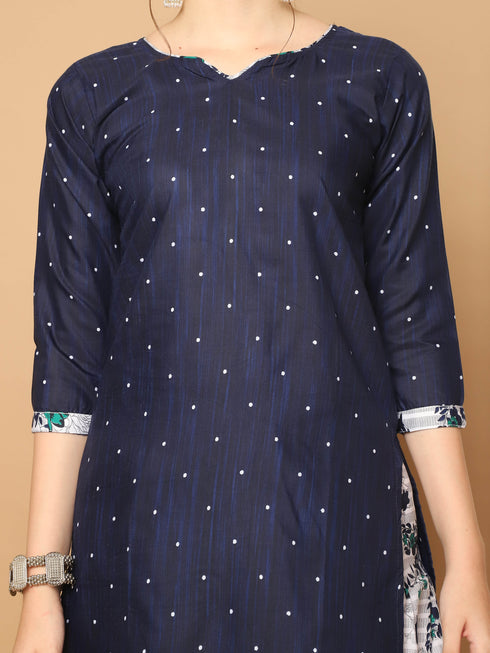 Navy Blue Cotton Blend Printed Readymade Patiala Salwar Suit